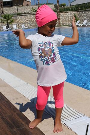 1709-1  Baskılı Kısa Kol Çocuk Havuz Mayosu-Beyaz-Pembe