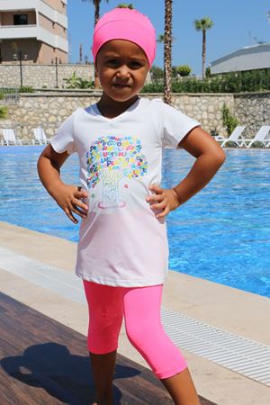 1708 -1 Ağaç Baskılı Çocuk Havuz Mayosu-Beyaz-Pembe