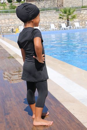 1709-1 Baskılı Kısa Kol Çocuk Havuz Mayosu-Siyah-Siyah