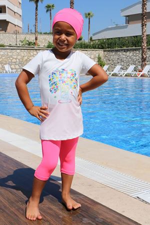 1708 -1 Ağaç Baskılı Çocuk Havuz Mayosu-Beyaz-Pembe