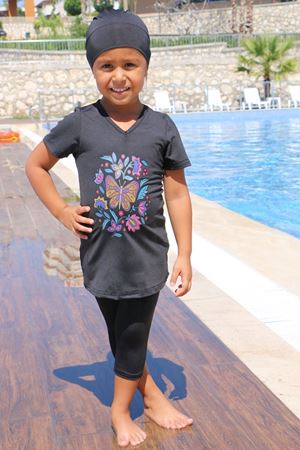 1709-1 Baskılı Kısa Kol Çocuk Havuz Mayosu-Siyah-Siyah