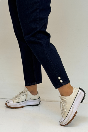 59045 Büyük Beden Paçası Taş Detaylı Boyfriend Kot Pantolon - Koyu Lacivert