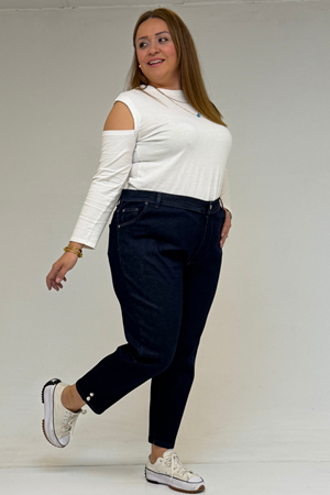 59045 Büyük Beden Paçası Taş Detaylı Boyfriend Kot Pantolon - Koyu Lacivert