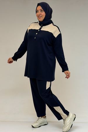 57042 Büyük Beden Yarım Patlı Çıtçıtlı Modal Pantolonlu Takım - Lacivert