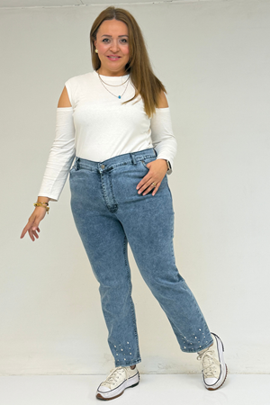 59044 Büyük Beden Paçası Taş Detaylı Boru Paça Kot Pantolon - Kar Yıkama Buz Mavi