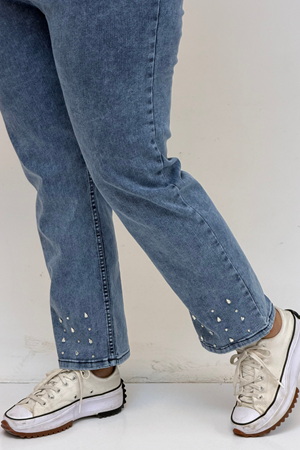 59044 Büyük Beden Paçası Taş Detaylı Boru Paça Kot Pantolon - Kar Yıkama Buz Mavi