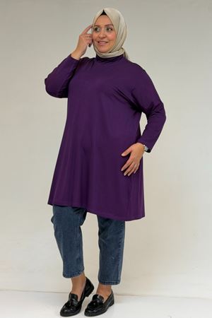 58175 Büyük Beden Boğazlı Yaka Basic Penye Tunik - Mor