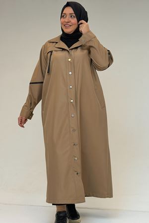 53062 Büyük Beden Sahte Cep Detaylı Bondit Trençkot - Vizon