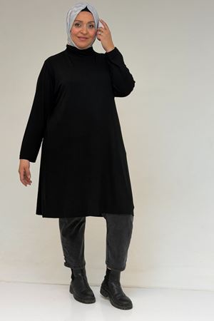 58175 Büyük Beden Boğazlı Yaka Basic Penye Tunik - Siyah
