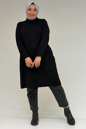 58175 Büyük Beden Boğazlı Yaka Basic Penye Tunik - Siyah
