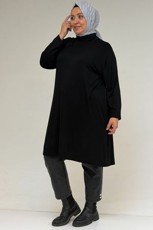 58175 Büyük Beden Boğazlı Yaka Basic Penye Tunik - Siyah