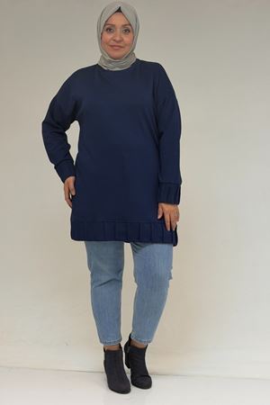 58173 Büyük Beden Çıma Detaylı Modal Tunik - İndigo