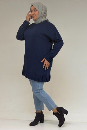 58173 Büyük Beden Çıma Detaylı Modal Tunik - İndigo