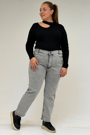 9125-6 Büyük Beden Boy Friend Kot Pantolon -  Kar Yıkama Gri