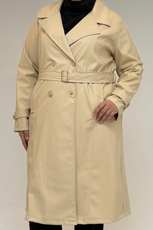 53073 Büyük Beden Kemerli Deri Trençkot - Bej