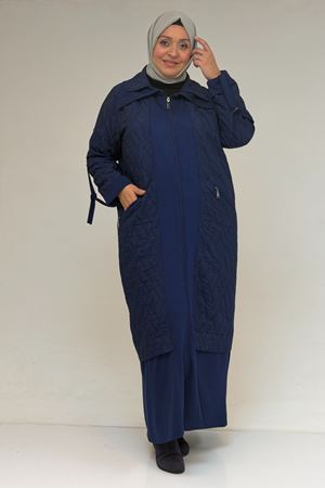 46018 Büyük Beden Fermuar Cepli Modal-Kapitone Kaban - İndigo-İndigo
