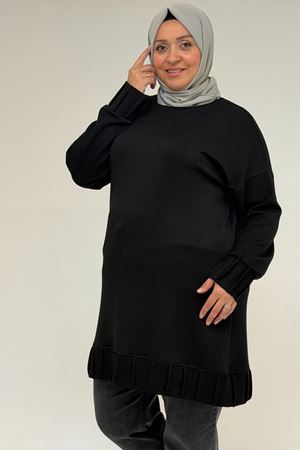 58173 Büyük Beden Çıma Detaylı Modal Tunik - Siyah