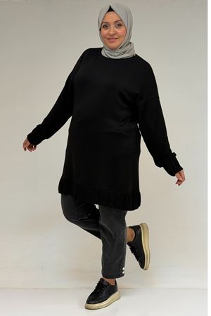 58173 Büyük Beden Çıma Detaylı Modal Tunik - Siyah