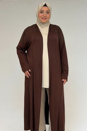 53069 Büyük Beden Omzu Taş Detaylı Penye Ceket - Kahve