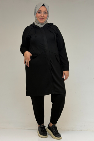 47068 Büyük Beden Çıtçıt Detaylı Modal Tunik Takım - Siyah