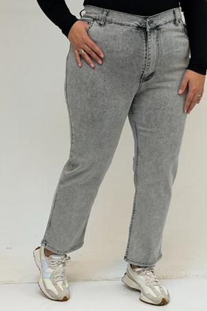 9185-4 Büyük Beden Taşlamalı Boru Paça  Kot Pantolon -Kar Yıkama Gri