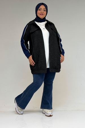53029 Büyük Beden Biye Detaylı Kombinli Modal-Kapitone Ceket - Siyah-İndigo