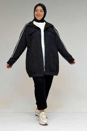 53029 Büyük Beden Biye Detaylı Kombinli Modal-Kapitone Ceket - Siyah-İndigo