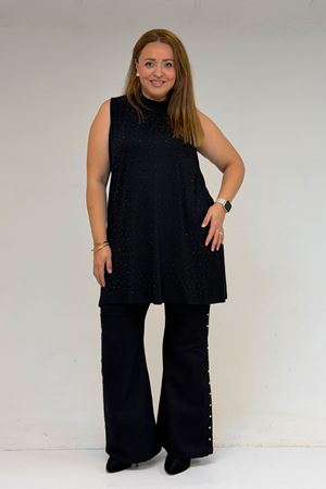 58506 Büyük Beden Taş Baskılı Penye İçlik - Siyah