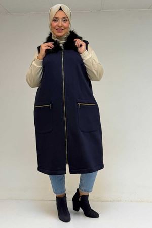 44006 Büyük Beden Cepleri Fermuarlı Üç İplik Yelek - Lacivert