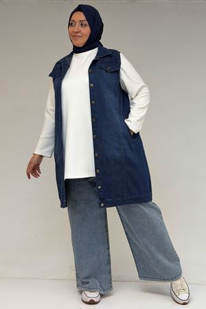 44002-1 Büyük Beden Çift Cepli Sprey Taşlama Detaylı Kot Yelek  -Mavi