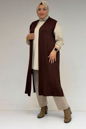 34000 Büyük Beden Penye Giy-Çık Yelek - Kahverengi