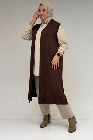 34000 Büyük Beden Penye Giy-Çık Yelek - Kahverengi