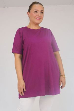 58507 Büyük Beden Yakası Biyeli Penye Tişört - Mor