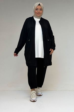 47076 Büyük Beden Belinde Lastik Detaylı Yarım Patlı Pantolonlu Takım - Siyah