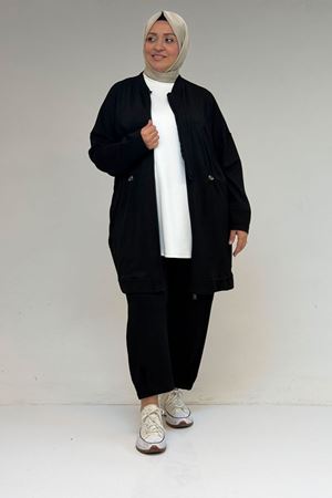 47076 Büyük Beden Belinde Lastik Detaylı Yarım Patlı Pantolonlu Takım - Siyah