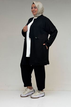 47076 Büyük Beden Belinde Lastik Detaylı Yarım Patlı Pantolonlu Takım - Siyah