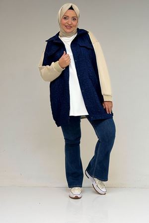 53029 Büyük Beden Biye Detaylı Kombinli Modal-Kapitone Ceket - İndigo-Bej