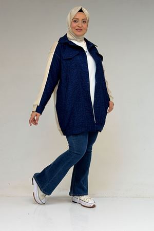 53029 Büyük Beden Biye Detaylı Kombinli Modal-Kapitone Ceket - İndigo-Bej