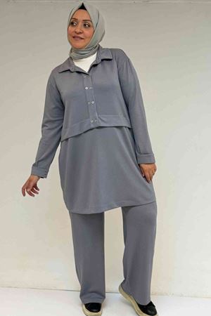 57038 Büyük Beden Erkek Yaka Düğme Detaylı Modal Pantolonlu  Takım - Gri