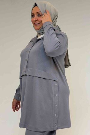 57038 Büyük Beden Erkek Yaka Düğme Detaylı Modal Pantolonlu  Takım - Gri