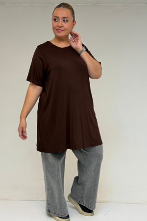 58507 Büyük Beden Yakası Biyeli Penye Tişört - Kahve