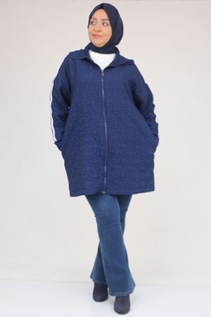 53060 Büyük Beden Omuzdan Şeritli Kapitone Fermuarlı Ceket - İndigo-Beyaz