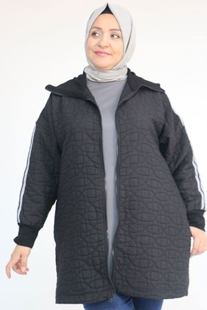 53060 Büyük Beden Omuzdan Şeritli Kapitone Fermuarlı Ceket - Siyah-Gri