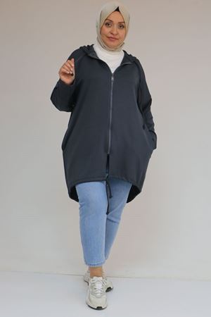 53053 Büyük Beden Eteği Oval Kesim Modal Ceket - Antrasit