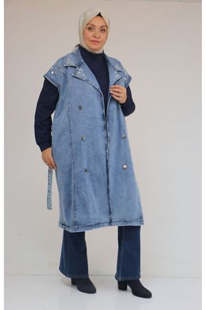 44010 Büyük Beden Yaka Ve Omzu Taş Detaylı Kot Yelek - Mavi