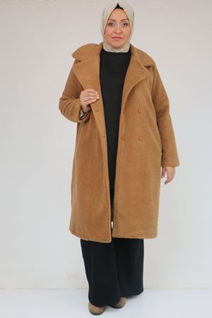 33059 Büyük Beden Düğme Detaylı Keçe Kaban - Taba