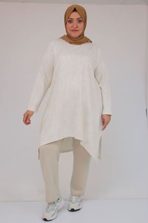 57070 Büyük Beden Önü Simetri Kesim Batik Pantolonlu Takım - Bej