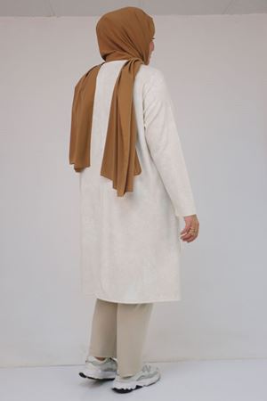 57070 Büyük Beden Önü Simetri Kesim Batik Pantolonlu Takım - Bej