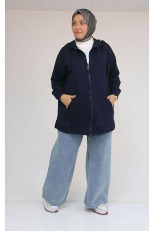 53057  Büyük Beden  Kapüşonlu Fermuarlı Modal Ceket - Lacivert