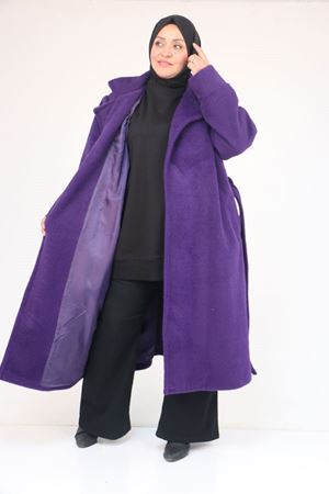 53049 Büyük Beden Keçe Kalın Manşetli Kaban - Mor